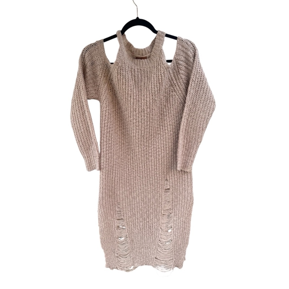 POL Distressed Knit Sweater Dress Small Beige Boho Chunky Long Sleeve Cozy